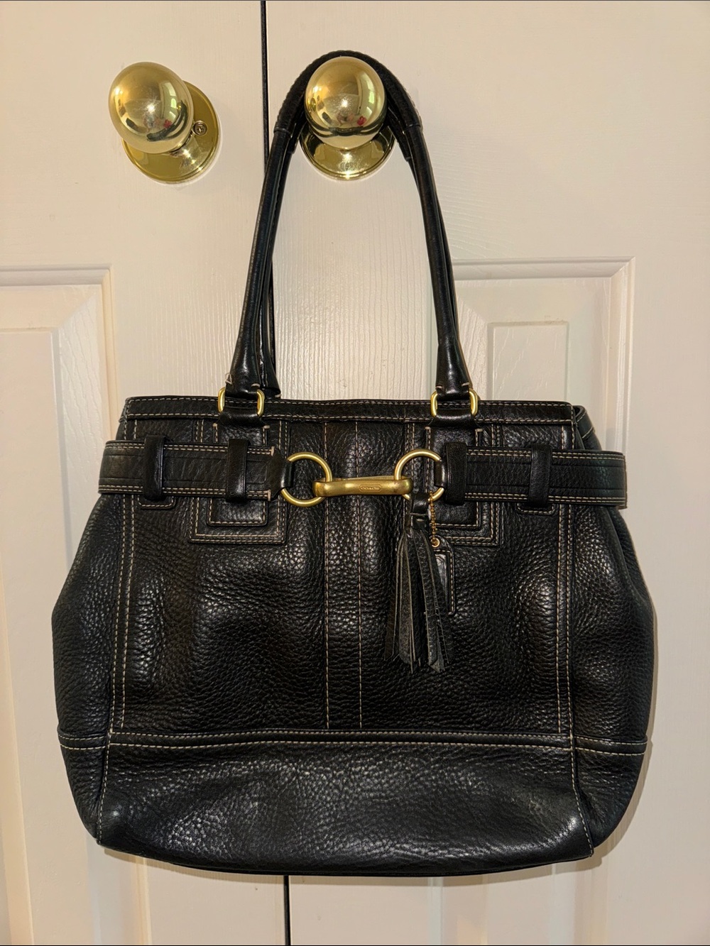 Black Leather Coach Tote Handbag with Gold Hardware